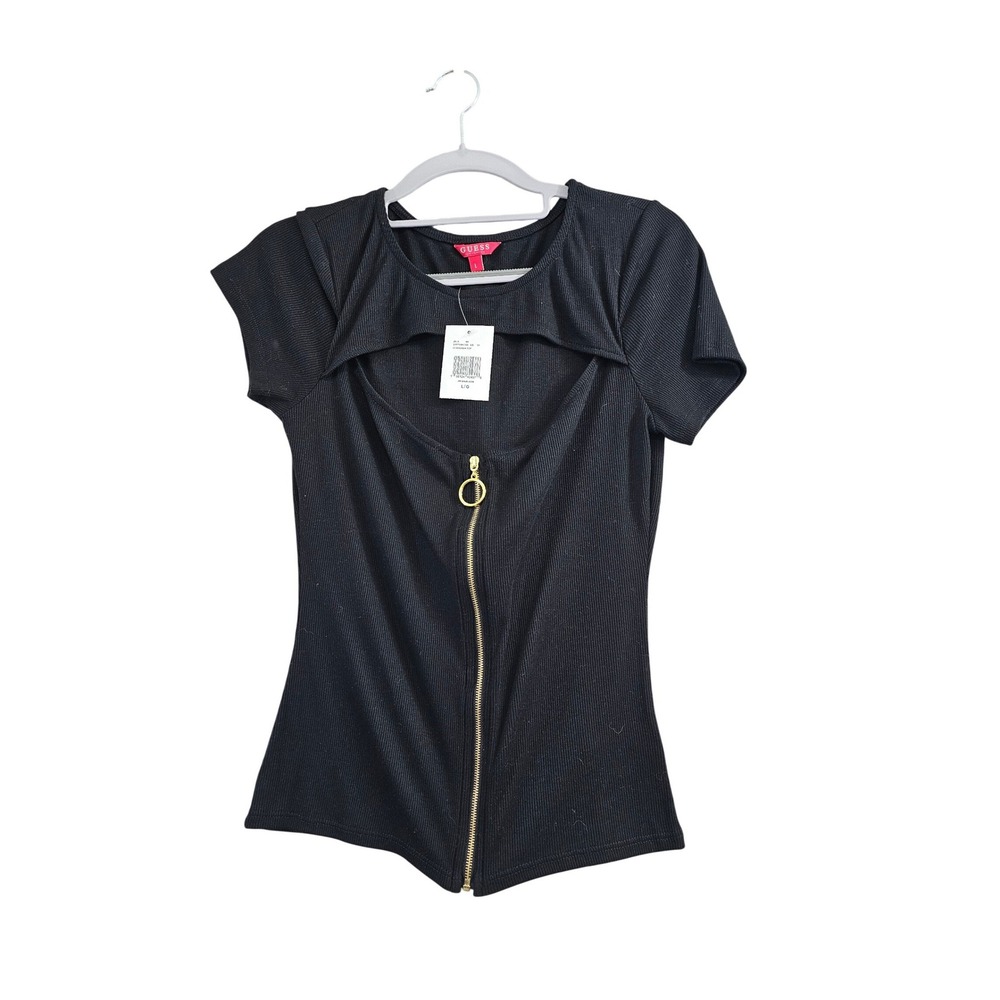 Guess Womens SS Eagana Top Jet Black Q1PP34K0T09 Short Sleeve Cutout Zip Front L